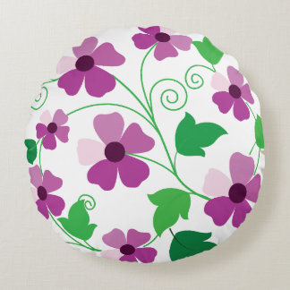 Vibrant Purple Flower  on Botanical Pattern Round Pillow