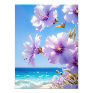 Vibrant Purple Flowers against the Ocean Waves Photo Print