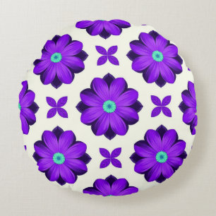 Vibrant Purple Flowers and Leaf Motifs Round Pillow