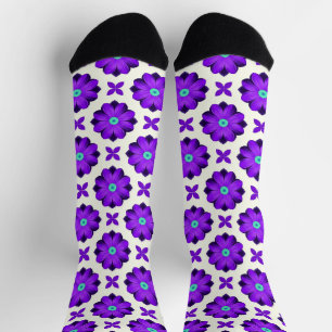 Vibrant Purple Flowers and Leaf Motifs Socks