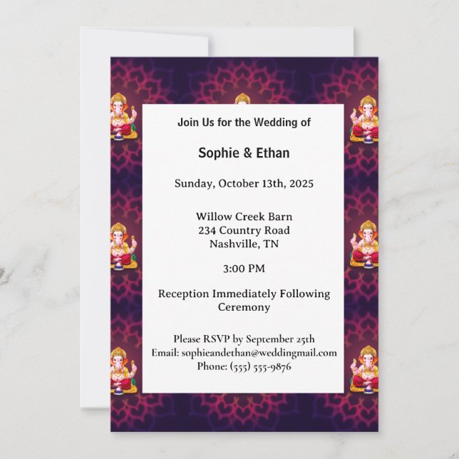 Vibrant Purple Ganesh Mandala Pattern Invitation (Front)