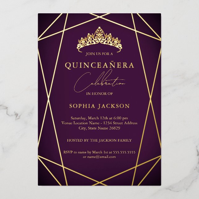 Vibrant Purple Geometric Gold Elegant Quinceanera (Front)