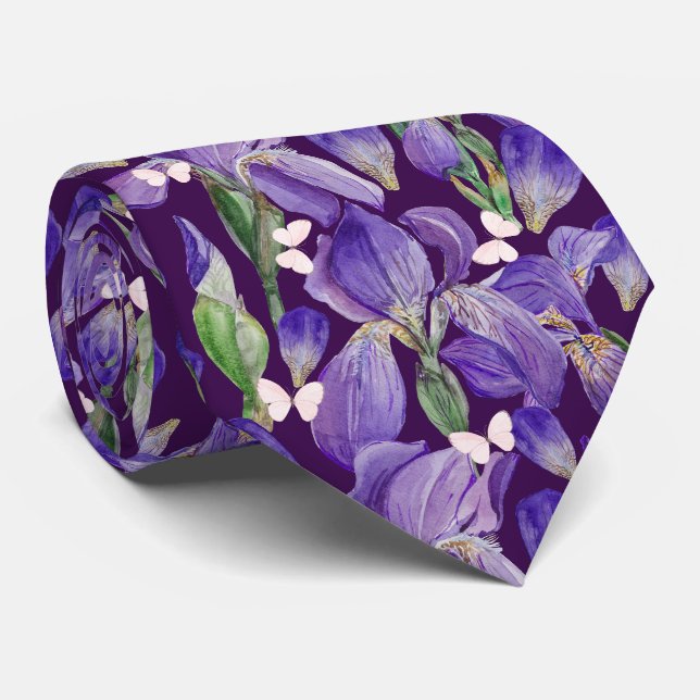 Vibrant Purple Iris Flowers and Butterflies   Tie (Rolled)