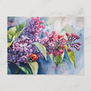 Vibrant Purple Lilac Flowers Ladybug Postcard