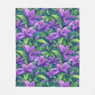 Vibrant Purple Lilies With Green Leaves Fleece Blanket