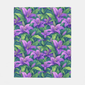 Vibrant Purple Lilies With Green Leaves Fleece Blanket
