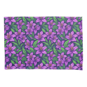 Vibrant Purple Lilies With Green Leaves Pillowcase