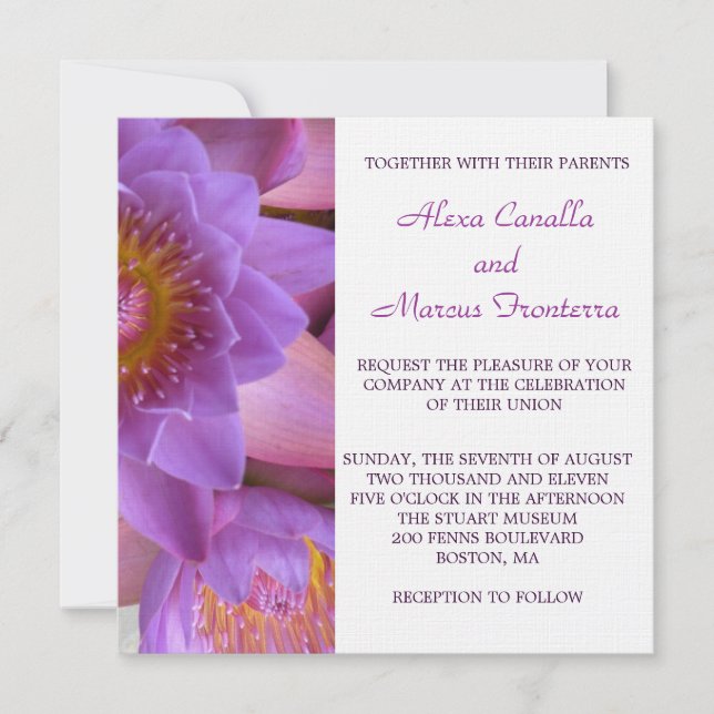 Vibrant Purple Lotus Flower Wedding Invitation (Front)