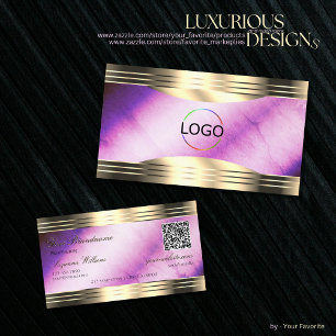 Vibrant Purple Marble Gold Borders Logo QR Code Business Card