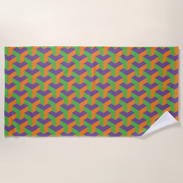 Vibrant Purple Orange Green Geometric Blocks Beach Towel (Front)