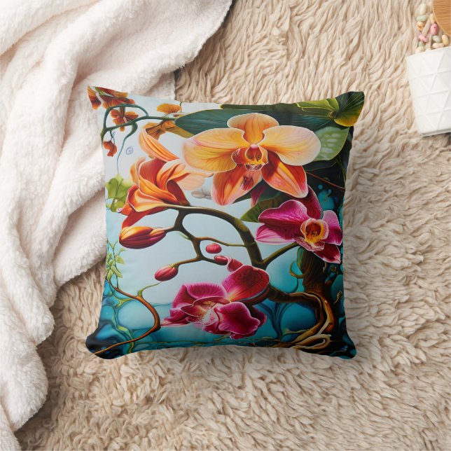 Vibrant Purple Orchids Against Colourful Backgroun Throw Pillow (Blanket)