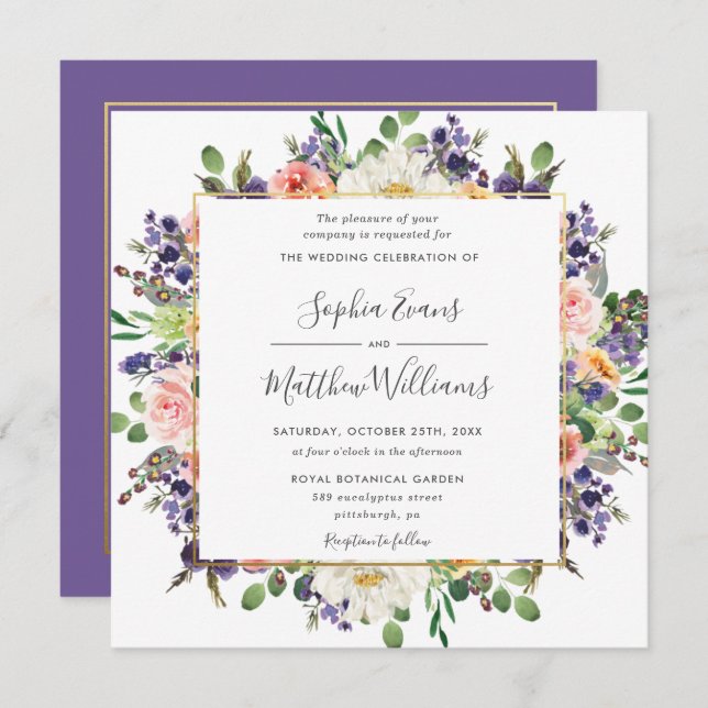 Vibrant Purple Peach White Blush Floral Wedding Invitation (Front/Back)