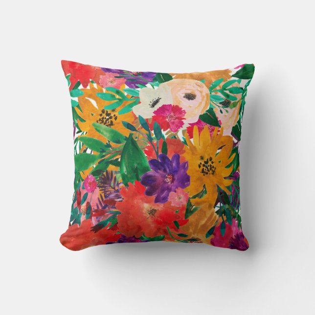 Vibrant Purple, Red, and Gold Floral Throw Pillow (Front)