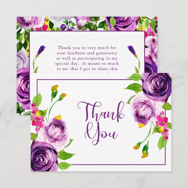 Vibrant Purple Watercolor Bouquet Bridal Shower  Thank You Card (Front/Back)