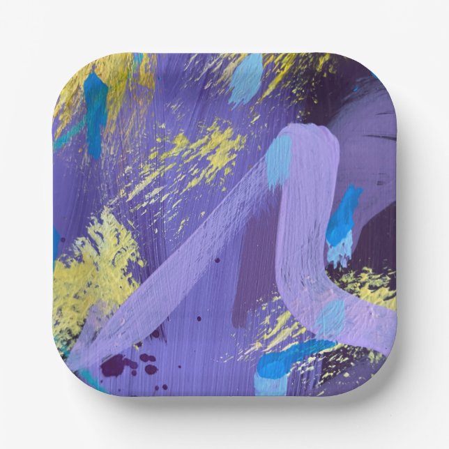 Vibrant Purple, Yellow, and Blue Abstract Art Paper Plate (Front)