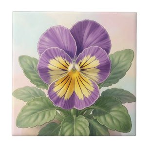 Vibrant Purple Yellow Pansy Flower Botanical Tile