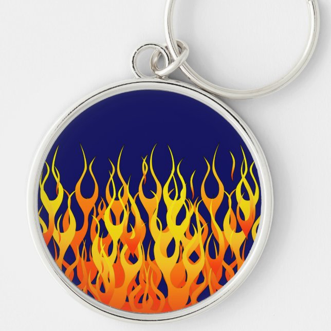 Vibrant Racing Flames on Navy Blue Keychain (Front)
