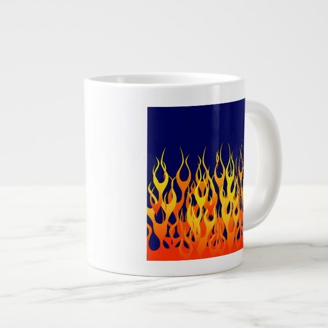 Vibrant Racing Flames on Navy Blue Large Coffee Mug (Front Right)