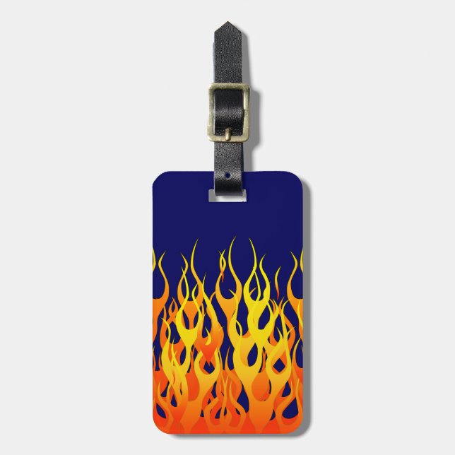 Vibrant Racing Flames on Navy Blue Luggage Tag (Front Vertical)