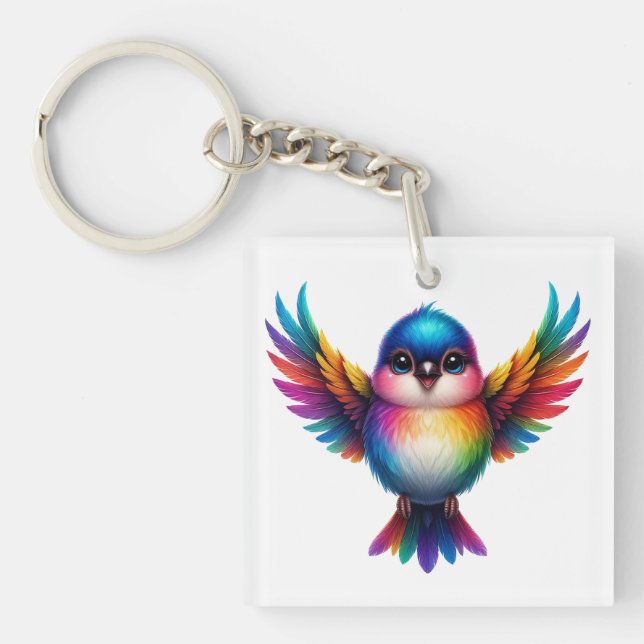 Vibrant Rainbow Bird Illustration Keychain (Front)