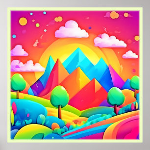 Vibrant Rainbow Cartoon Landscape Poster