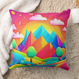 Vibrant Rainbow Cartoon Landscape Throw Pillow
