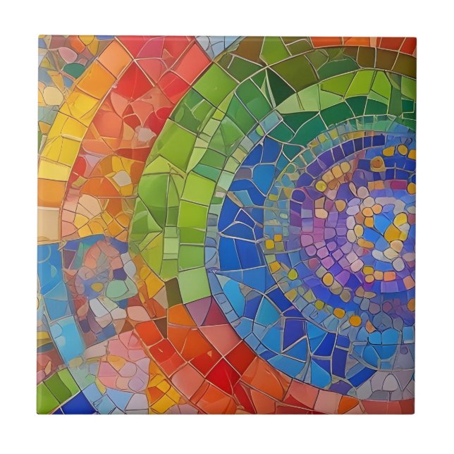 Vibrant Rainbow Circle Vortex Colourful Mosaic Art Tile (Front)