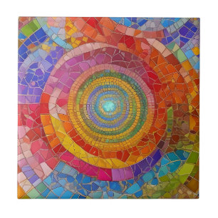 Vibrant Rainbow Circle Vortex Colourful Mosaic Art Tile