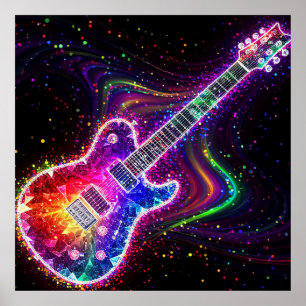 Vibrant Rainbow Electric Guitar With Abstract Poster