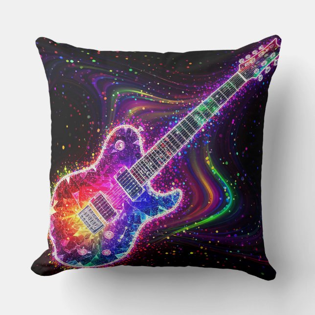 Vibrant Rainbow Electric Guitar With Abstract Throw Pillow (Front)