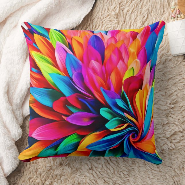 Vibrant Rainbow Flower Abstract Throw Pillow (Blanket)