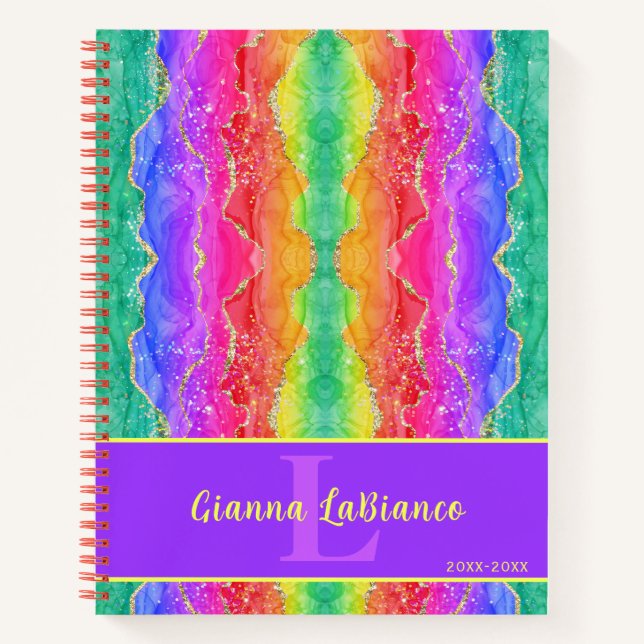 Vibrant Rainbow Gem Agate Watercolor Glitter Notebook (Front)