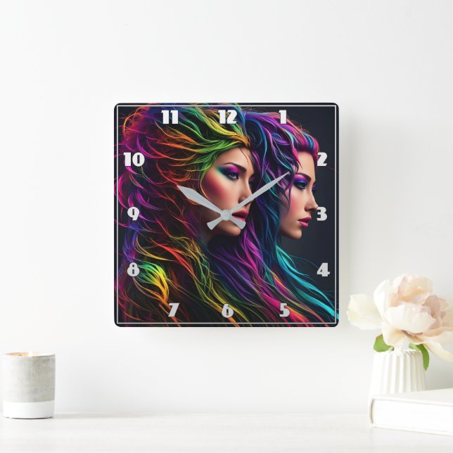 Vibrant Rainbow Hair Artistry With Dual Portraits Square Wall Clock (Home)