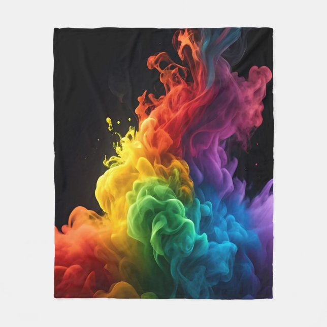 Vibrant rainbow ink-smoke cloud black background fleece blanket (Front)