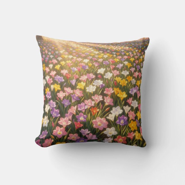 Vibrant Rainbow Lily Flower Field Throw Pillow (Front)