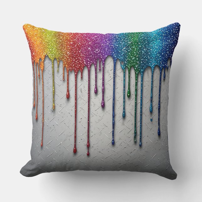 Vibrant Rainbow Paint Drips Throw Pillow (Front)