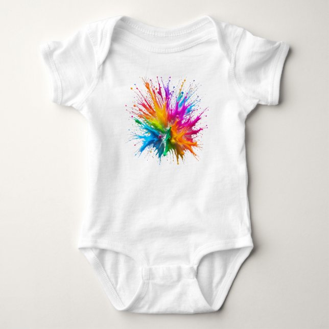 Vibrant Rainbow Paint Splatter Explosion Baby Bodysuit (Front)