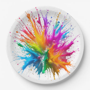 Vibrant Rainbow Paint Splatter Explosion Paper Plate
