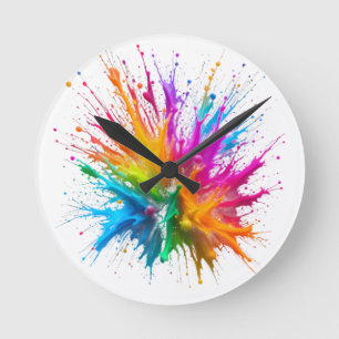 Vibrant Rainbow Paint Splatter Explosion Round Clock
