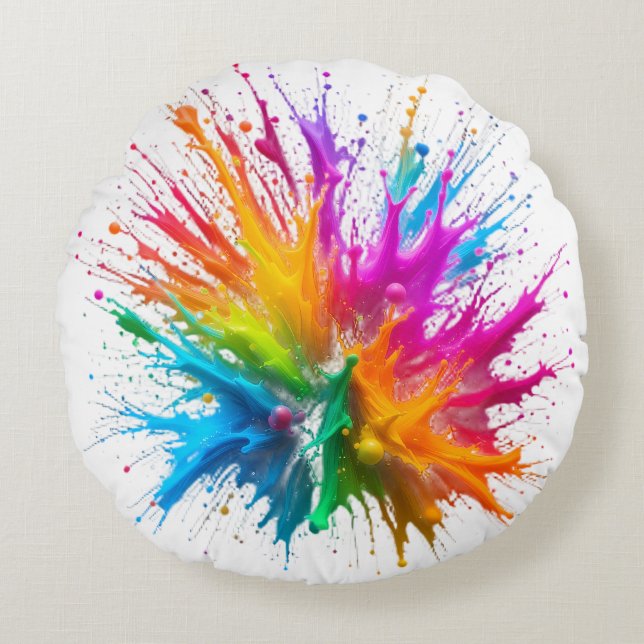 Vibrant Rainbow Paint Splatter Explosion Round Pillow (Front)
