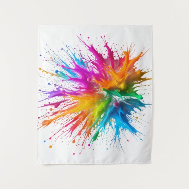 Vibrant Rainbow Paint Splatter Explosion Tapestry (Front)
