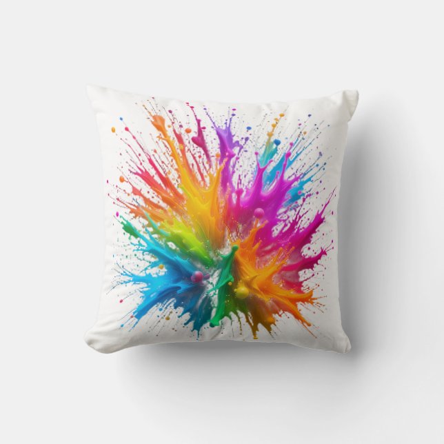 Vibrant Rainbow Paint Splatter Explosion Throw Pillow (Front)