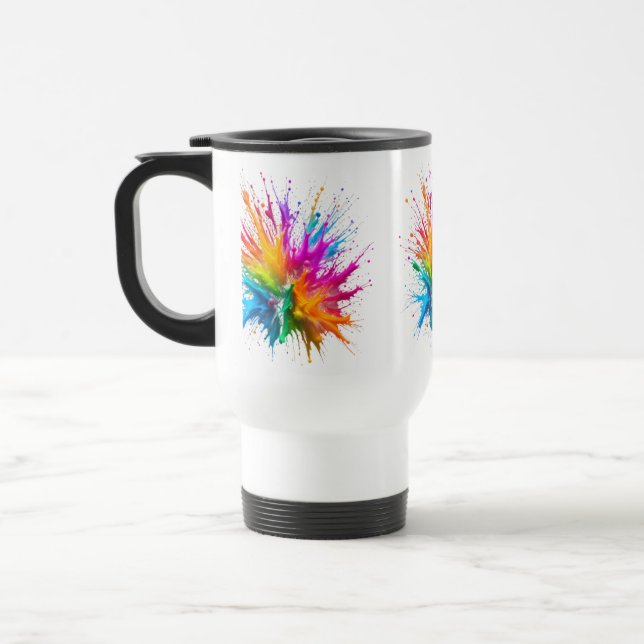 Vibrant Rainbow Paint Splatter Explosion Travel Mug (Left)