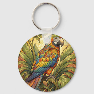 Vibrant Rainbow Parrot Art Nouveau Keychain