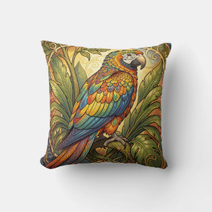 Vibrant Rainbow Parrot Art Nouveau Throw Pillow