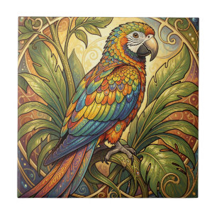 Vibrant Rainbow Parrot Art Nouveau Tile