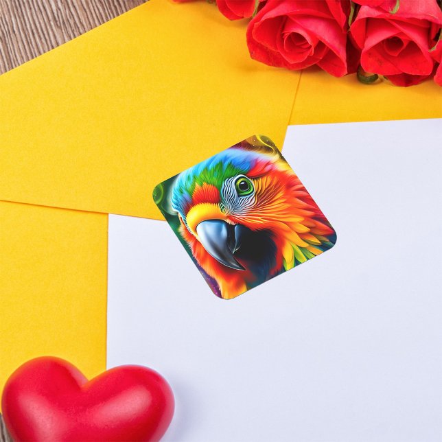 Vibrant Rainbow Parrot Colourful Jungle Bird Kids Square Sticker (Rainbow parrot sticker, a fantasy art jungle animal with colorful feathers)