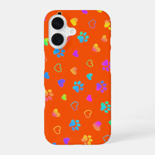 Vibrant Rainbow Paw & Heart Orange iPhone 16 Case