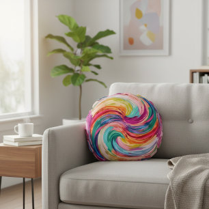 Vibrant Rainbow Swirl Abstract Round Pillow