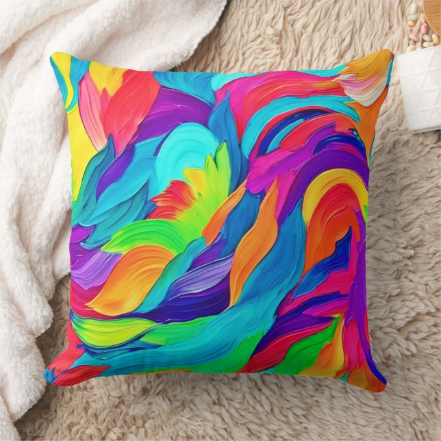 Vibrant Rainbow Swirls Abstract Art Throw Pillow (Blanket)